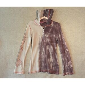 IDI by Matthew Hooded Henley Top Womens Sz M Brown Waffle Knit Graphic Print Y2K